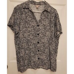 White Stag Button-Up Paisley Print Collared V-Neck Top Blouse B/W XLG (16 - 18)